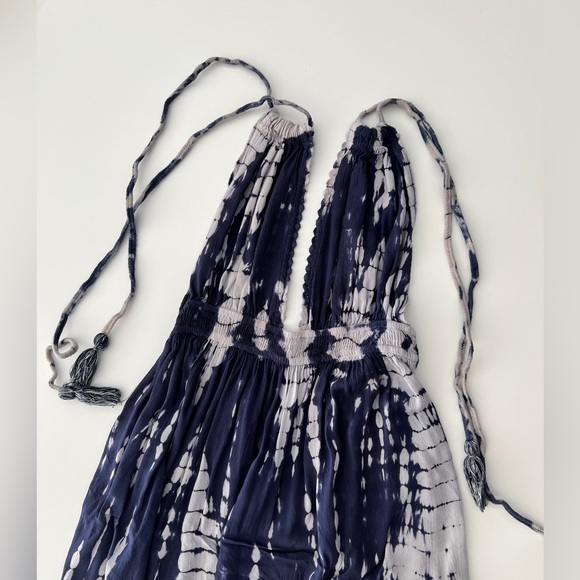 TIE DYE MAXI Dress Cover Up Blue Gray Hi Low Smocked Halter Long Ties WORN ONCE - Picture 10 of 13